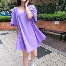 에잇티즈 데일리 심플 쿨 스퀘어넥 퍼프 소매 플레어 미니 원피스