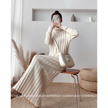 RUIXIANG 목폴라 니트 롱 원피스 발목기장 H라인 슬림 여성 겨울 꾸안꾸룩 데일리코디