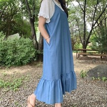 여성 롱 원피스 드레스 데일리 데님 프릴 뷔스티에