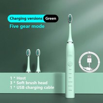 전동 진동 자동 칫솔 구강세정기 음파 초음파 휴대용 충전식 스마트 치아 청소 5 가지 모드, C green 3h