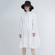 간절기 긴팔 빅카라 프릴 캉캉 셔츠 원피스 미디길이 루즈핏 면 퍼프소매 프렌치풍 여친룩 흰색 검은색