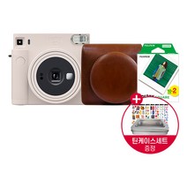 인스탁스 스퀘어SQ1 카메라+가죽케이스+필름20장/틴케이스+인꾸스티커/폴라로이드카메라, 초크화이트, 브라운