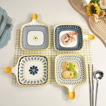 BLOWFISHFUGU 북유럽풍접시 도자기 손잡이 앞접시2p/4p 스테이크접시 홈식기 세트, A+B+C+D, 4P