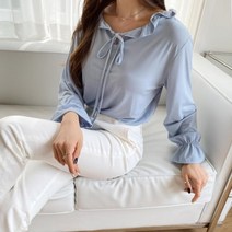 [바보사랑] 여자 프릴 리본끈 트럼펫 스판 블라우스[옷자락]