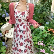 잇츠스타일 여성 홀터넥 레드 플라워 페미닌 롱원피스 가디건 투피스 세트