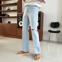 +5cm 다리길어보이는 에메랄드 워싱 부츠컷 세미와이드 연청 데님 팬츠 찢청 바지