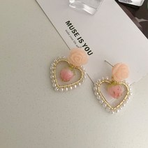 핑크 로즈 플라워 하트 이어링 프렌치 소프트 작은 딸기 스위트 펄 하트 귀걸이
