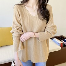 아모르데이 여성용 리어브이니트 베이직 브이넥 하찌 루즈핏 니트