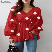 여성 땡땡이 셔츠 블라우스 긴 슬리브 캐주얼 도트 프린트 봄