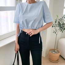 코지 여자 로맨틱 크롭 허리스트링 리본끈 반팔 블라우스