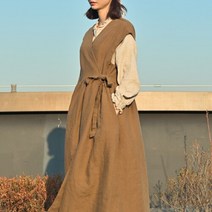 내추럴가든 숄더 리본 린넨 랩원피스