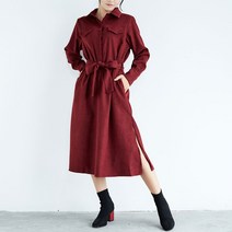 코듀로이원피스 2022가을겨울품 여성복 일본 라쿠텐 일본스타일 코르덴 옆면트임 허리띠 롱타입 원피스