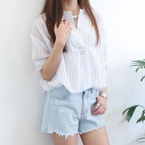 하늘바라기 스트라이프 반오픈 셔츠 블라우스