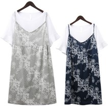 쁘니걸 발포꽃나시ops세트 빅사이즈티셔츠 여성의류 롱원피스 세트상품 여름 반팔 여성스런 미디