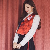 실과바늘 생활 개량 데일리 일 한복 조끼-밍크어깨털 누빔배자 레드 조끼(배자)