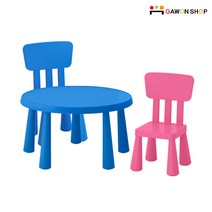 [당일출고] 이케아 MAMMUT 원형테이블(블루) + 등받이의자2개 세트, 핑크2개