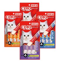 이나바 챠오스틱4종셋트 고양이간식, 8개, 참기가다랑어닭가슴살닭가슴살+게살