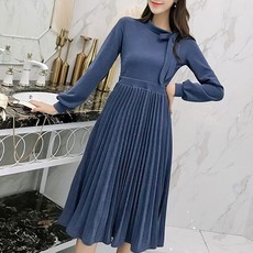페이퍼먼츠 은은펄 리본 넥 플리츠 가을 원피스 6443
