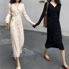 모노위크 자모라 가을 롱니트원피스 단추 허리벨트