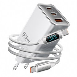 Toocki GaN PPS PD 65W 2C1A 3포트 초고속 멀티충전기, 1개, 화이트+케이블