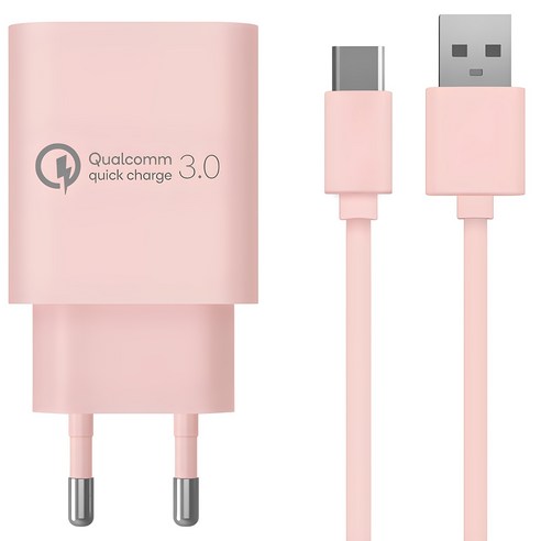 홈플래닛 퀄컴 공식인증 QC3.0 18W 고속충전기 + C타입 충전케이블 1.2m 세트, 핑크, 1세트
