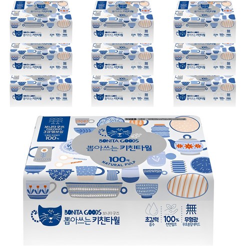 보니타굿즈 뽑아쓰는 천연펄프 키친타올 3겹, 100개입, 10개