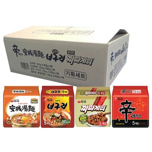 농심 신라면 120g x 5p + 안성탕면 125g x 5p + 얼큰 너구리 120g x 5p + 짜파게티 140g x 5p, 20개