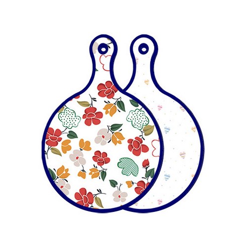 로엠디자인 블루에디션 양면 원형 서빙 도마 floral 목련 패턴, 라인하트, 1개