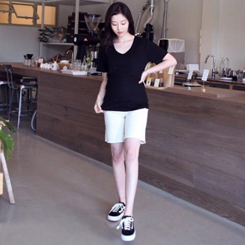 프리티맘 임산부 밑단 포인트 스판 반바지, 화이트