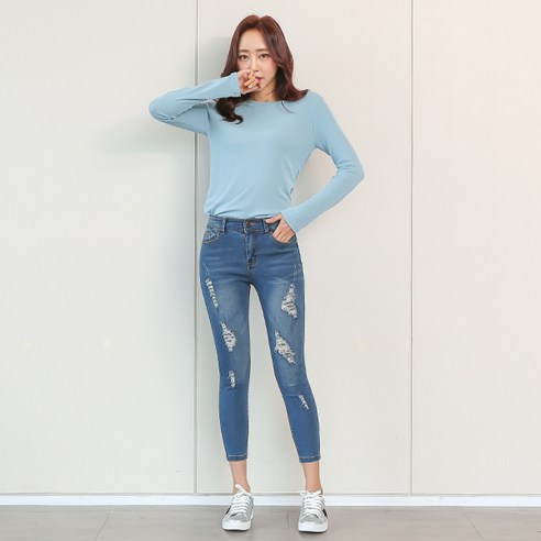 토마토팩토리 여성용 키작녀 디스트로이드 스키니진