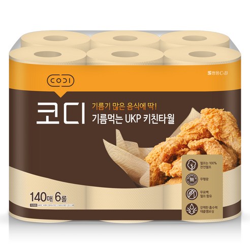 코디 기름먹는 UKP 천연펄프 키친타올, 6롤, 1개