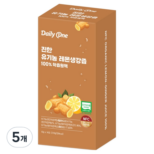 데일리원 진한 유기농 레몬생강즙 100 착즙 원액, 210g, 5개