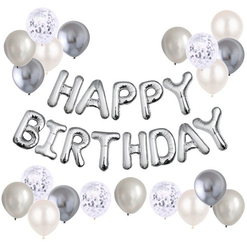 HBD 은박풍선 크롬메탈 혼합풍선세트 파티커튼 생일파티세트 [에브리띵스마일] 1221, 1세트, 실버 풍선
