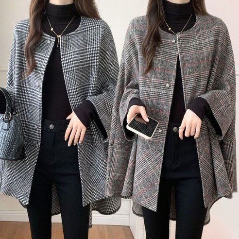 lacdi 봄가을 여성코트 케이프 망토 롱 체크 점퍼 오버핏 빅사이즈 심플 바람막이 아우터