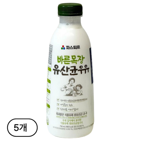파스퇴르 바른목장 유산균우유, 750ml, 5개