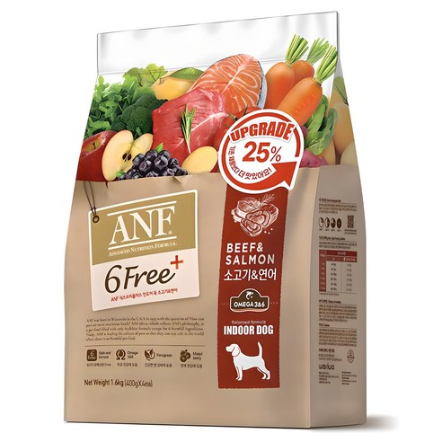 ANF 전연령 식스프리 플러스 인도어 독 건식사료, 소+연어, 1.6kg, 1개