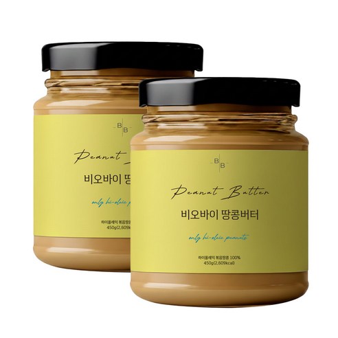 비오바이 국내제조 무가당 땅콩버터 피넛버터 유리병, 2개, 450g