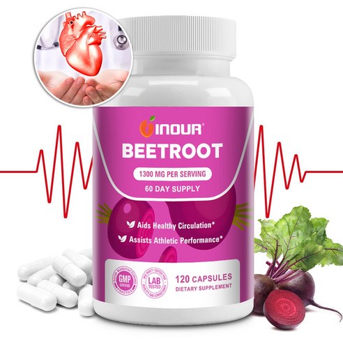 유기농 비트루트 캡슐 – 1회 제공량당 비트루트 분말 1300mg 함유 – 혈액 순환 및 지구력 향상 – 비유전자변형(Non-GMO), 비건, 글루텐프리, 1개, 120정