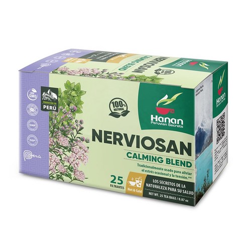 하난 페루비안 시크릿 네르비오산 허브차 | 100% 천연 진 Hanan Peruvian Secrets Nerviosan Herbal Tea | 100% Natural Calming