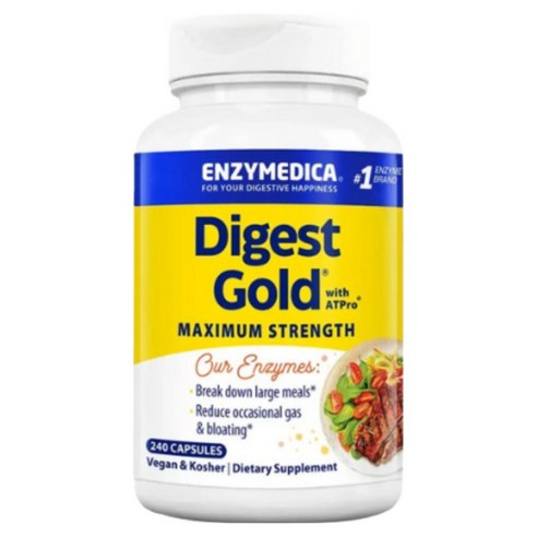 Enzymedica 다이제스트 골드 AT프로 맥시멈 스트렝스 엔자임 포뮬라 240정 아밀라아제, 프로테아제, 리파아제 및 락타아제를 포함한 14가지 주요 효소