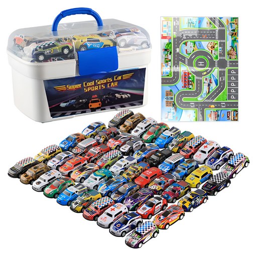 풀백 미니카 50종  놀이판 1장  보관함 1개 세트, 혼합색상, 1세트