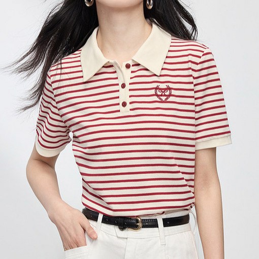 데이즈원 여성 여름 스트라이프 반팔 카라 티셔츠 니트티