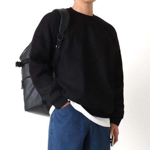 지지블랙 로먼 오버핏 골지 라운드 니트 맨투맨 빅사이즈