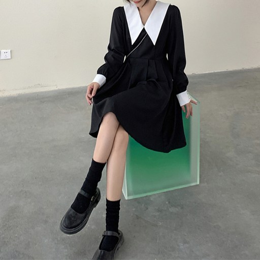 메이첼 배색 빅카라 긴팔 미니 플레어 원피스 01446 빅사이즈 포함