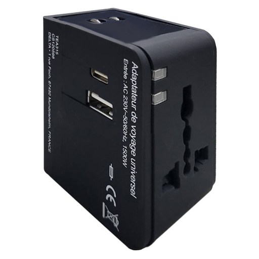 好米 多國旅行充電器 USB接口 + Type-C接口, 黑色, 1個, 55mm