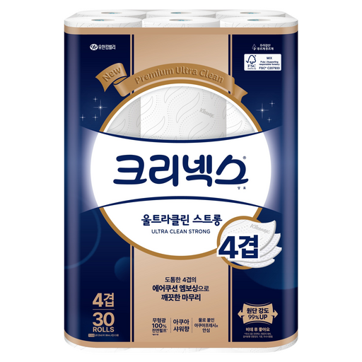 크리넥스 4겹 천연펄프 울트라클린 고급롤화장지