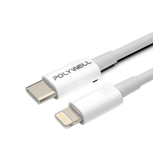 POLYWELL 寶利威爾 Type-C-Lightning PD充電線 PW15-W45-A242, 白色, 1條, 1m