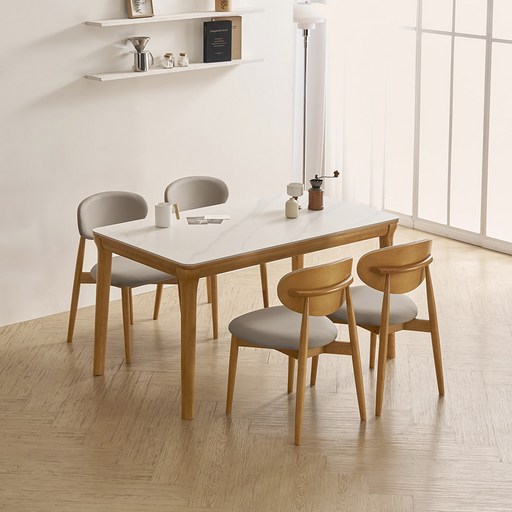 라로퍼니처 보나 1400 포세린 통 세라믹 원목 식탁  의자 4p 세트 4인용 방문설치, 화이트상판, 내추럴원목, 일반의자 4