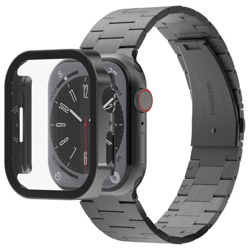 아이메이드잇 애플워치 호환 로이스 메탈 스트랩  풀커버 보호 일체형 케이스, 블랙