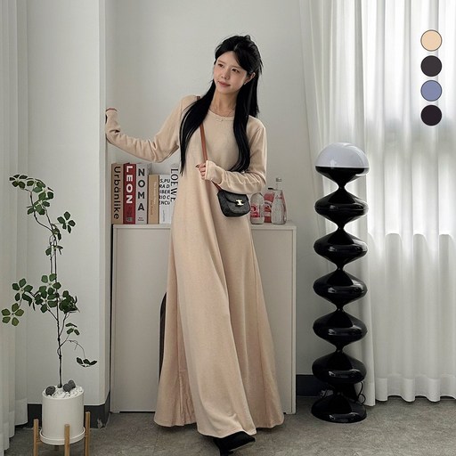 디테일웨어 여성 기모 A라인 롱원피스 맥시기장 날씬해보이는 플레어 스커트 키큰여자 원피스 편한 데일리룩 산책룩